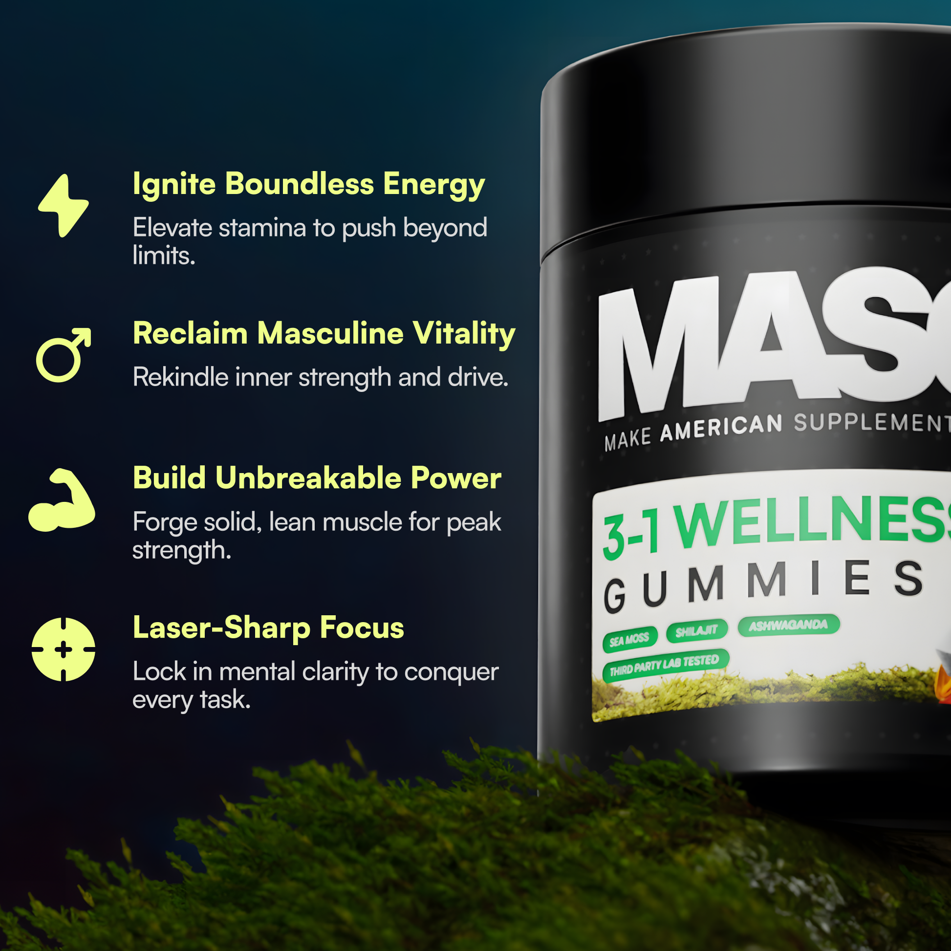 Supplement bottle with wellness features: energy, vitality, power, focus.