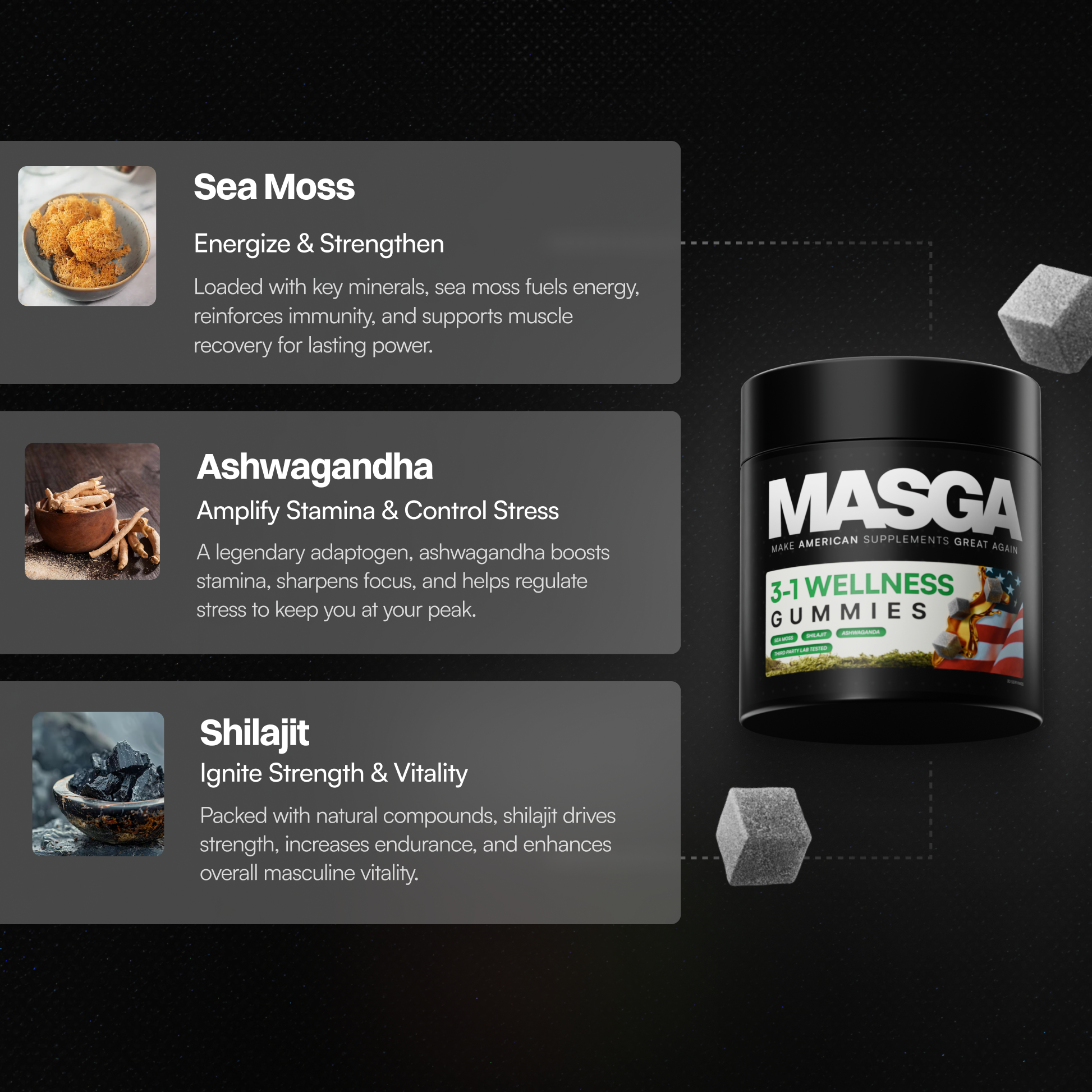 Supplement jar with descriptions of Sea Moss, Ashwagandha, and Shilajit benefits.