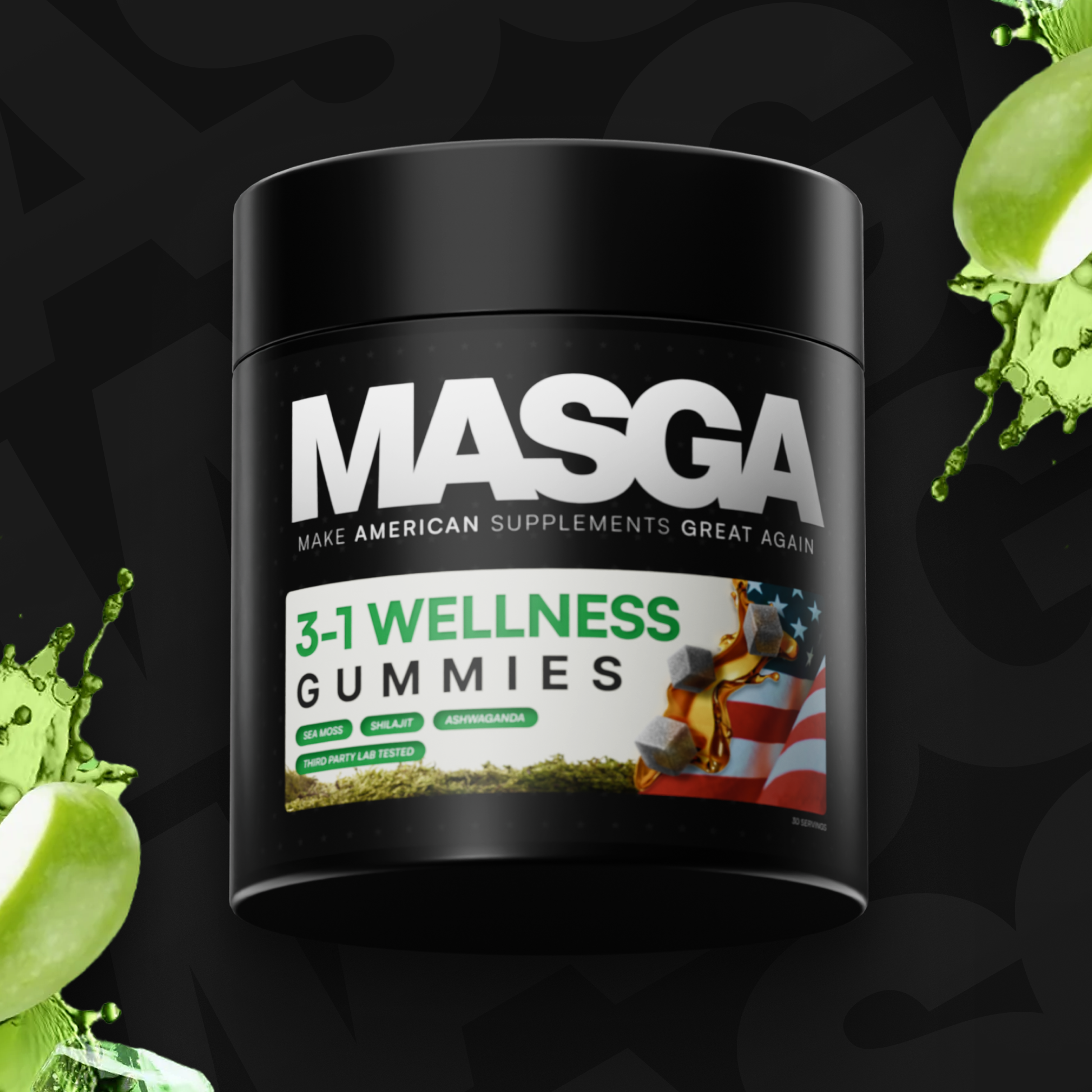Container of MASGA 3-1 Wellness Gummies labeled as an ancient elixir.